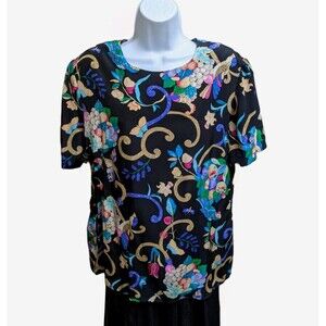 Vintage Diane Von Furstenberg DVF Black Silk Hummingbird Blouse Sz L Office